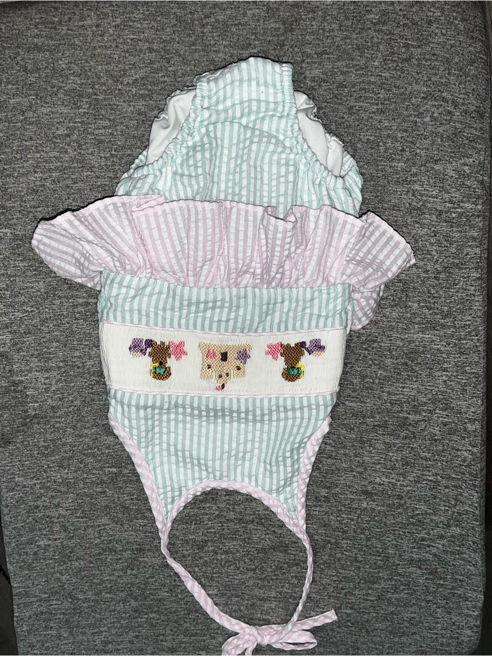 Striped Pink & Mint Baby Bonnet with Embroidered Animals